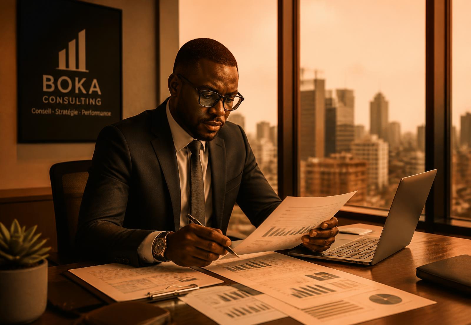 Auditeur analysant des états financiers dans un bureau à Kinshasa